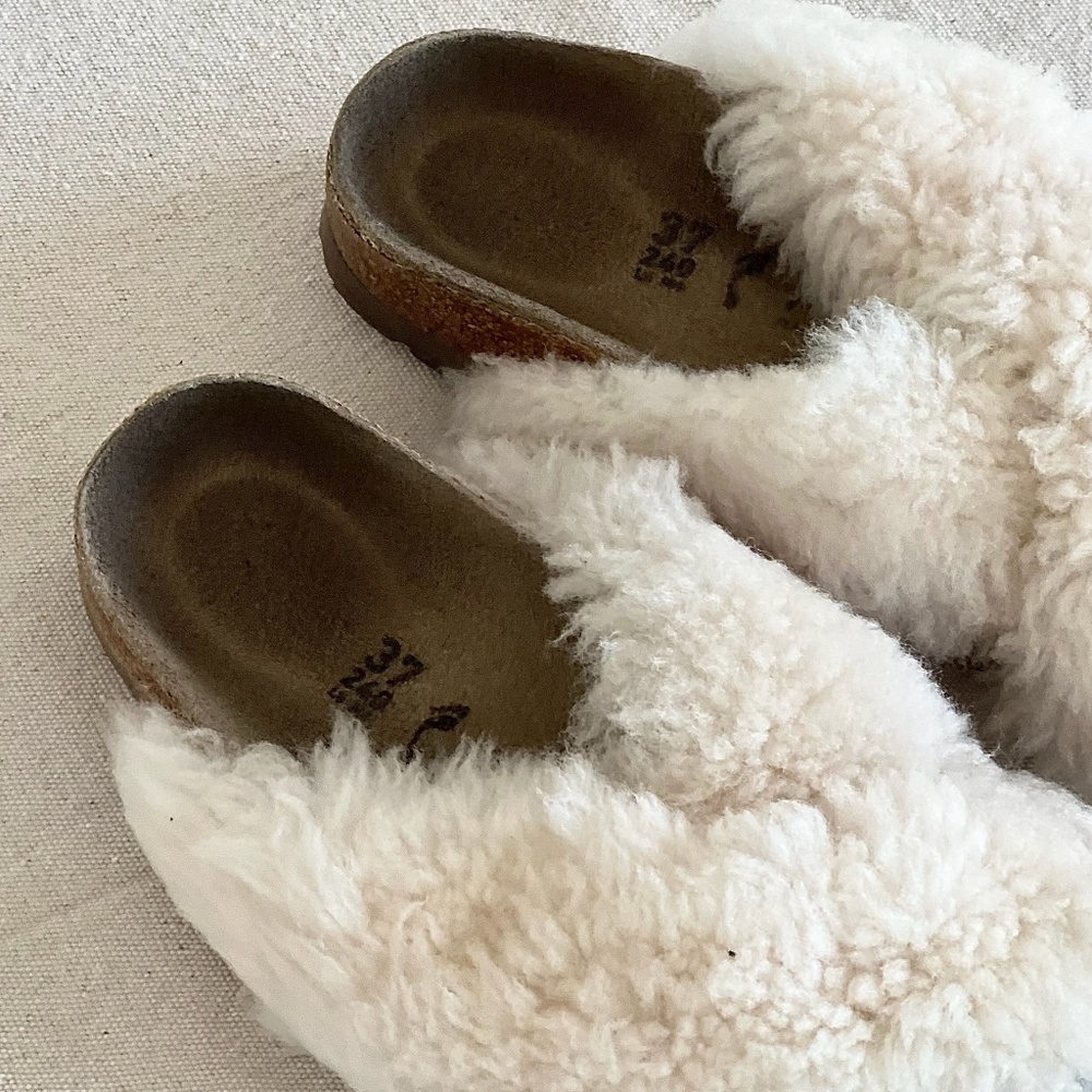 Papillio Cream Shearling Crossover Slide Sandals - Picture 2 of 16